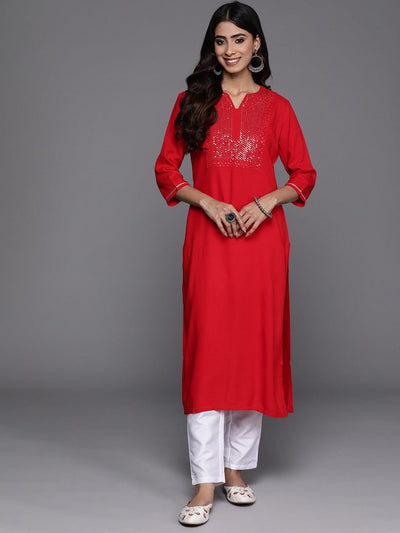 Buy Red Cotton Slub Kurti With Resham Work Online - LKV0064 | Andaaz Fashion